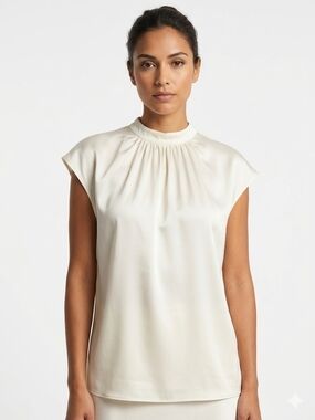 H&M Cream Satin Mock Neck Sleeveless Blouse - Size L - EUC